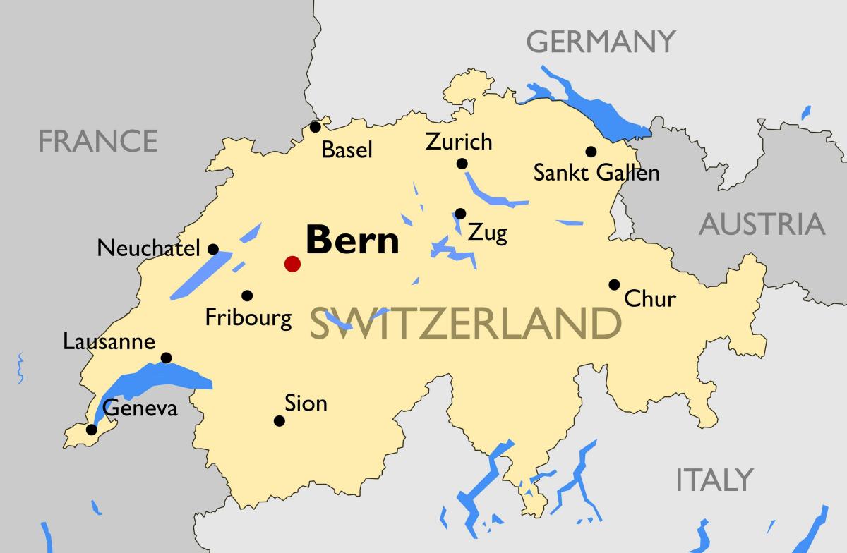 خريطة سويسرا مع المدن الرئيسية